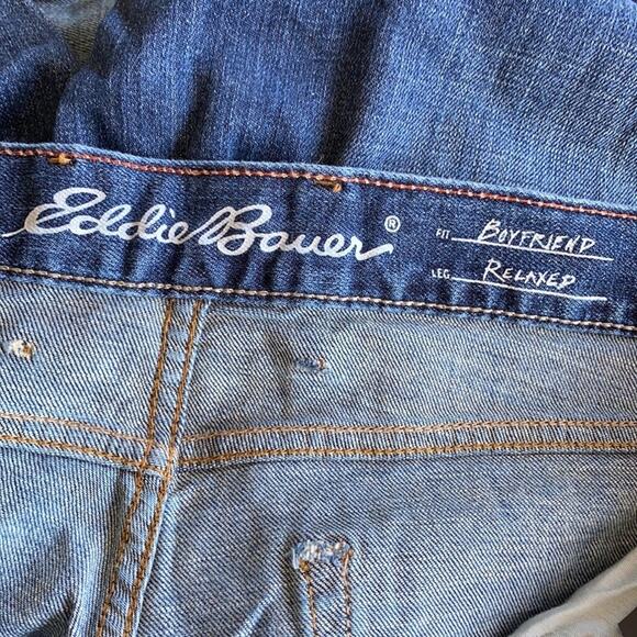 Eddie Bauer Women Dark Wash Denim Boyfriend Relaxed Distressed Patched Jeans 14 - Picture 11 of 11
